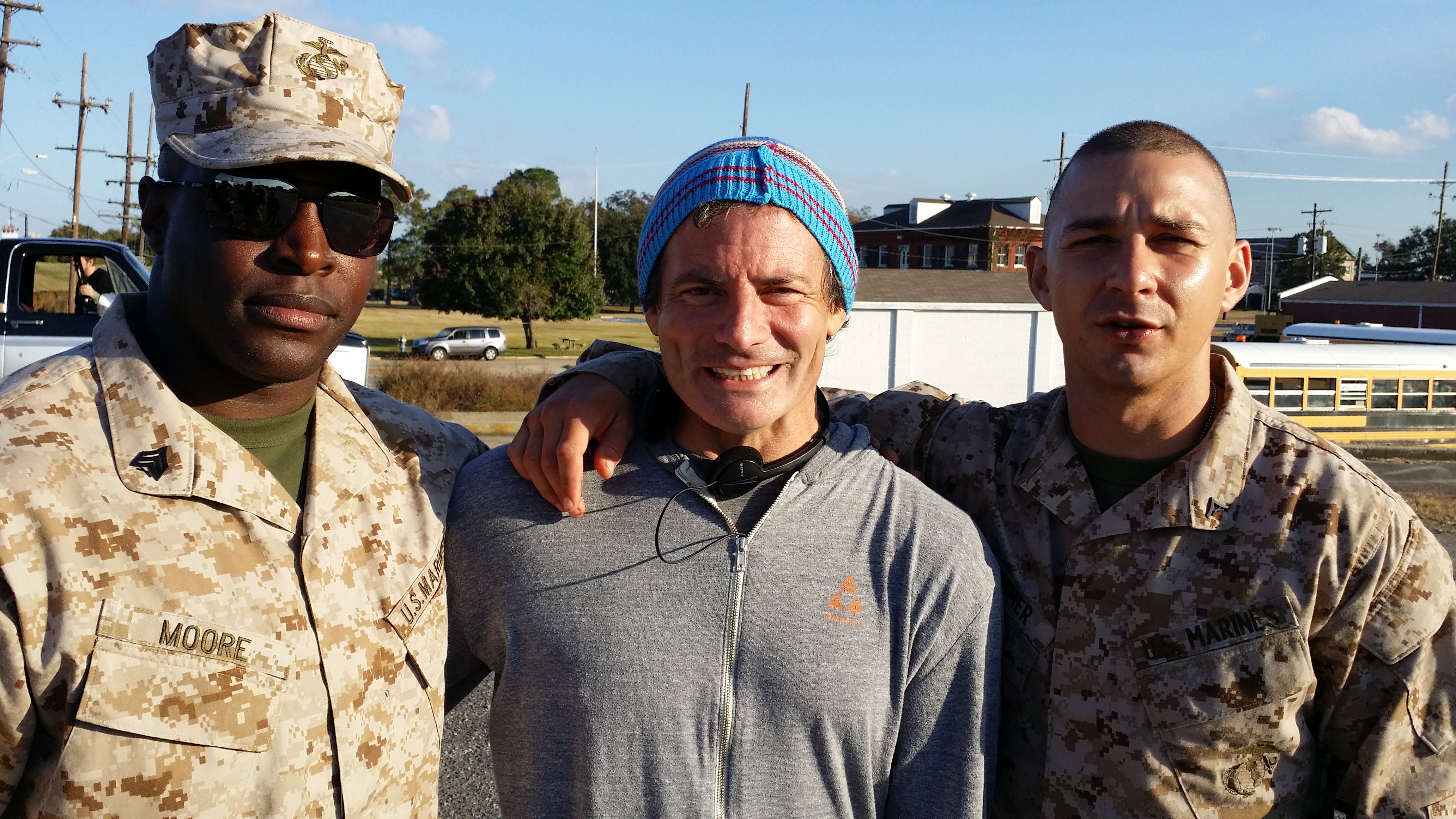 Nick Jones Jr., Dito Montiel, and Shia LaBeouf on the set of Man Down.