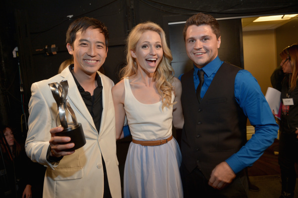 Jimmy Wong, Johanna Braddy, and Benji Dolly after winning the Best Ensemble Award for Video Game High School at the 2014 Streamy Awards.