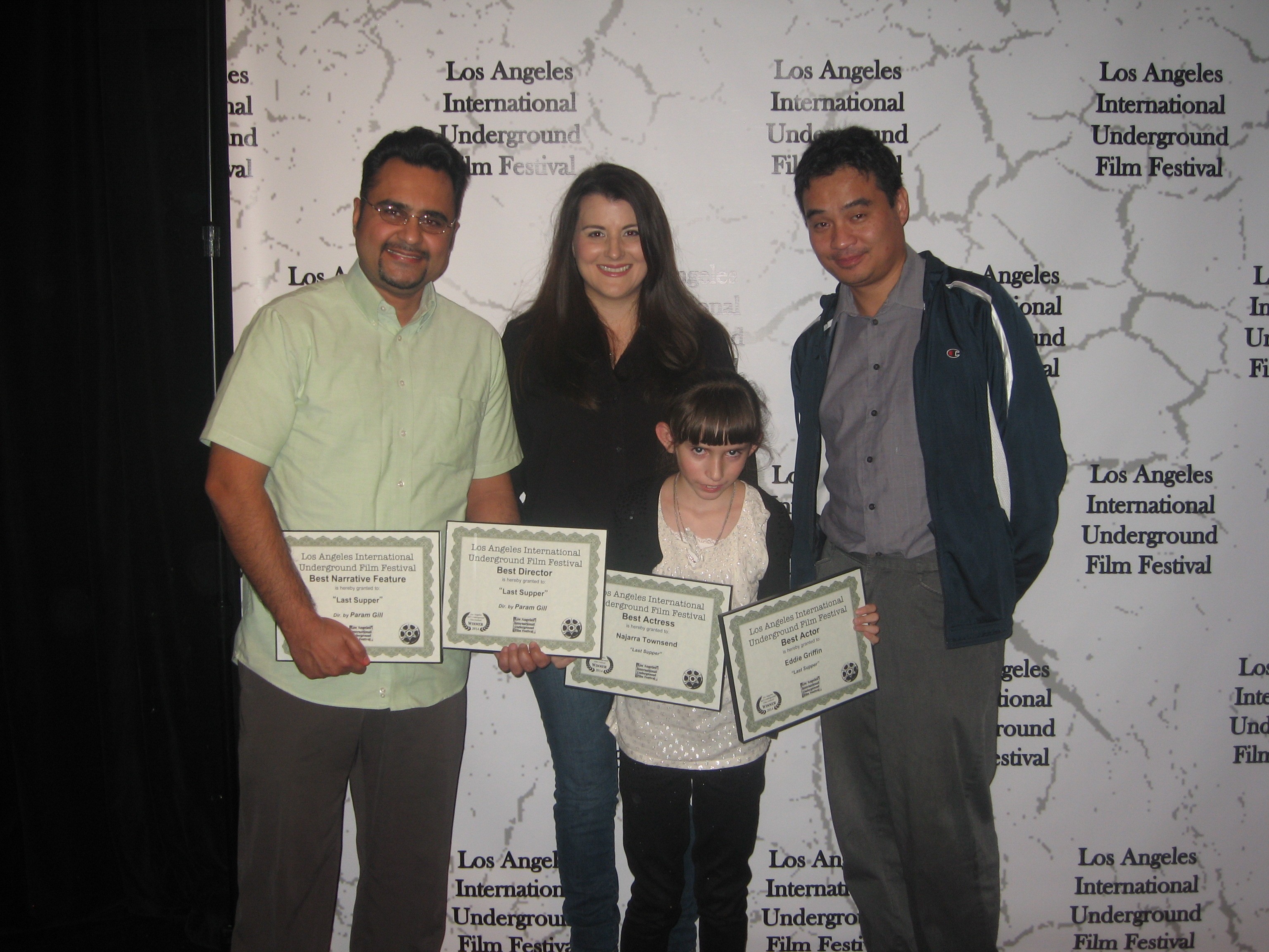 Natalie Miranda with Director Param Gill, Rex Mize and Minh Nguyen of Rex Talent Management at the Los Angeles International Underground Film Festival for the screening of the feature film 