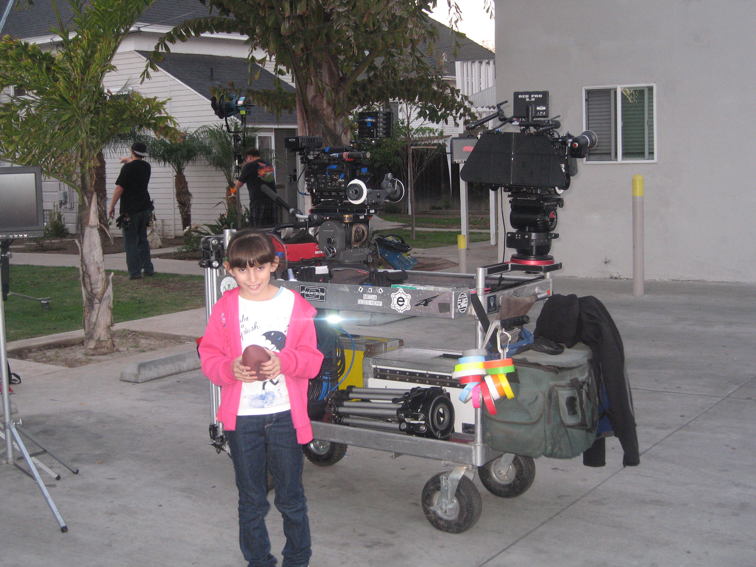 Natalie Miranda checking out the equipment prior to the night shoot,on the set of 