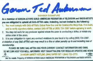 Screen Actor's Guild and American Federation of Television and Radio Artists Union Membership ID Card for Garner Ted Aukerman