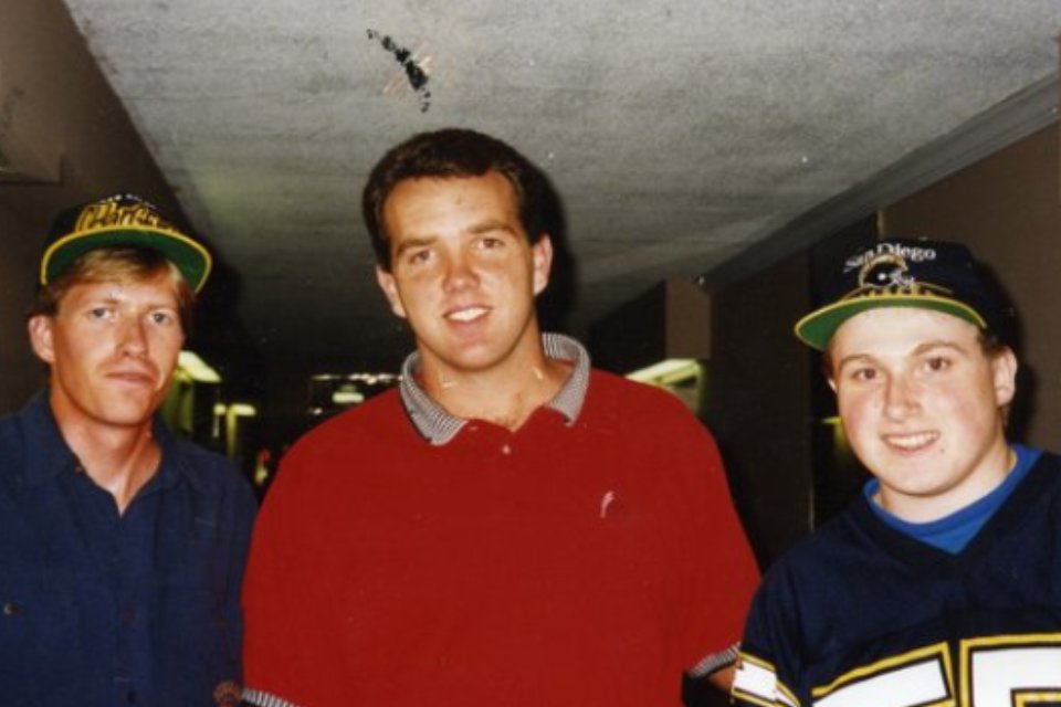 Garner Ted Aukerman, former Chargers quarterback Stan Humphries, and Graydon Todd Aukerman. San Diego Chargers team hotel in Tampa, Florida. January 1, 1994