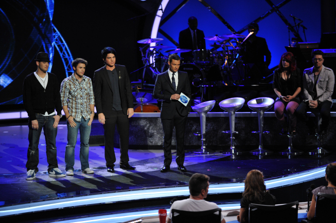Still of Ryan Seacrest, Adam Lambert, Matt Giraud and Kris Allen in American Idol: The Search for a Superstar (2002)