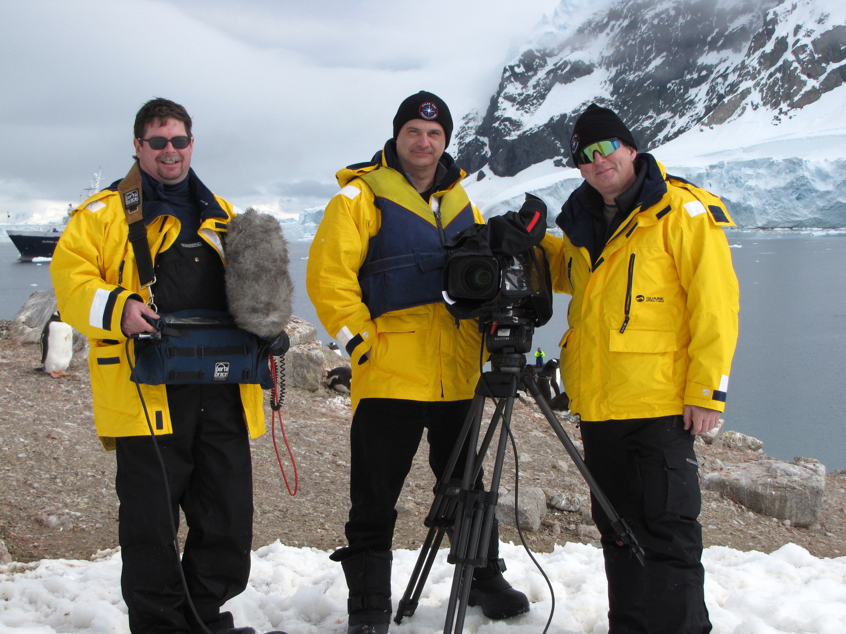 Production Team of The Antarctica Challenge in Neko Harbour, Antarctica. From left, Sound Recordist Stephen Bourne, Producer/Director Mark Terry, and Cinematographer, Damir Chytil, CSC.