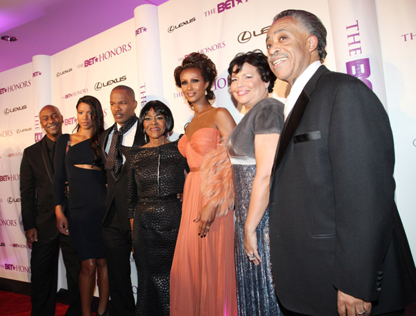 Steven Hill, Brittany Loren, Jamie Foxx, Cicely Tyson, Iman, Debra Lee, and Al Sharpton attend the 4th annual BET Honors at the Warner Theatre on January 15, 2011 in Washington, DC.