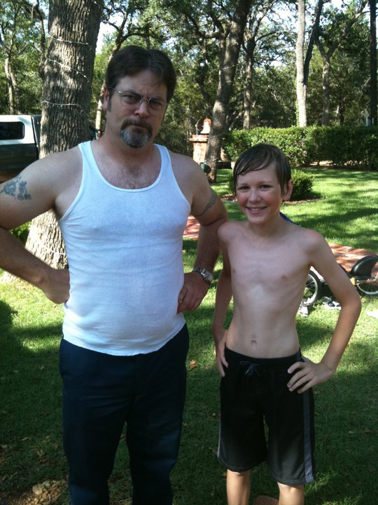 Caleb and Nick Offerman, on the set of 