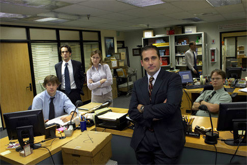 Still of Steve Carell, Jenna Fischer, Rainn Wilson, John Krasinski and B.J. Novak in The Office (2005)