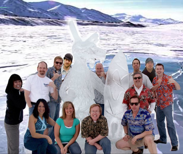 Peninsula Winter Games Ice Sculpture KSRM Radio Group Crew Picture Thomas R. Daly as Tom Randell in lower right front corner with shades.