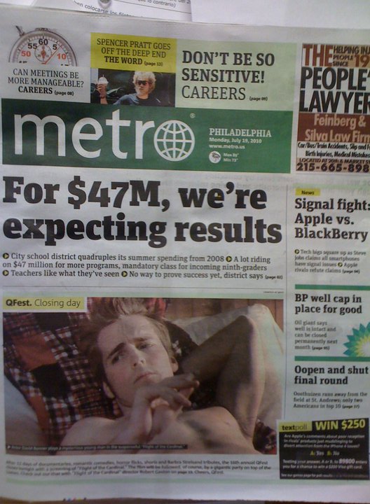 Cover of the Philadelphia Metro Paper; July 19, 2010