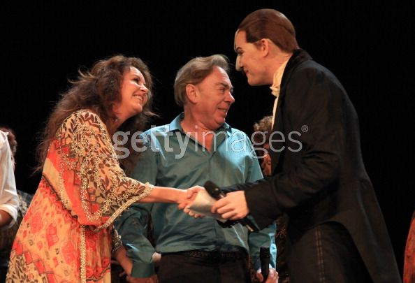 Tim Martin Gleason, Sarah Brightman & Lord Andrew Lloyd Webber on stage at The Phantom of the Opera closing night show at The Pantages Theater on October 31, 2010 in Los Angeles, California