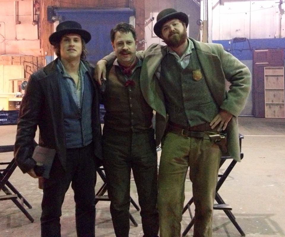 On the set of Copper, with Tom Weston-Jones (left) and Dylan Taylor (right).