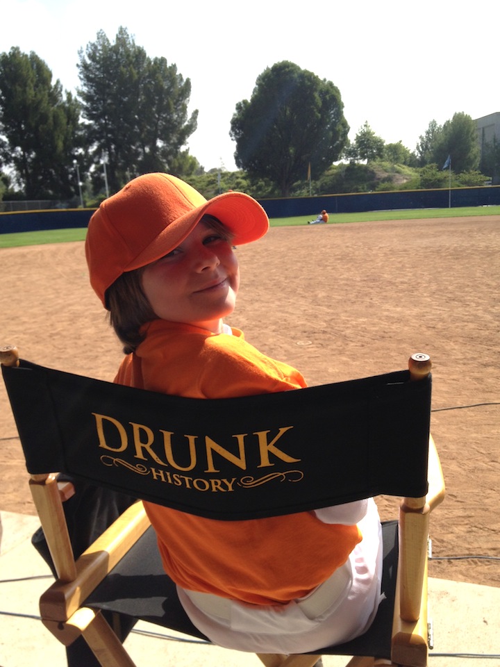 Aidan as a Young Jim Abbott on the set of Drunk History.