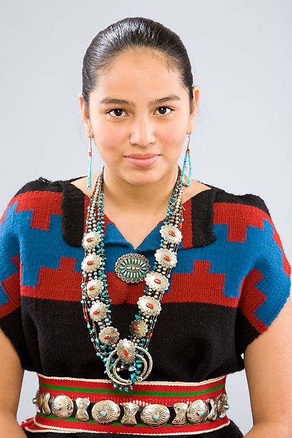 Camille Manybeads in Traditional Dine' (Navajo) Rug Dress