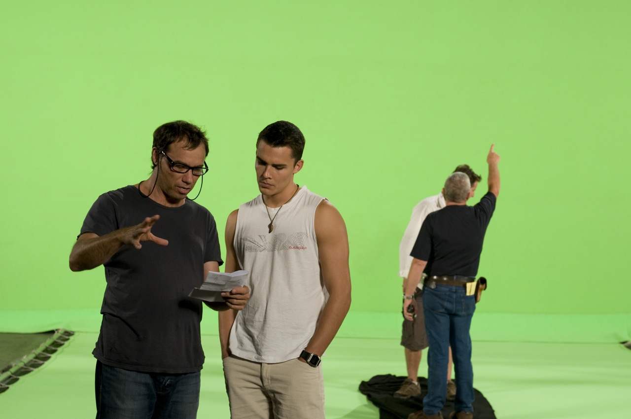 Evan Clarry and Andrew discussing green screen scene