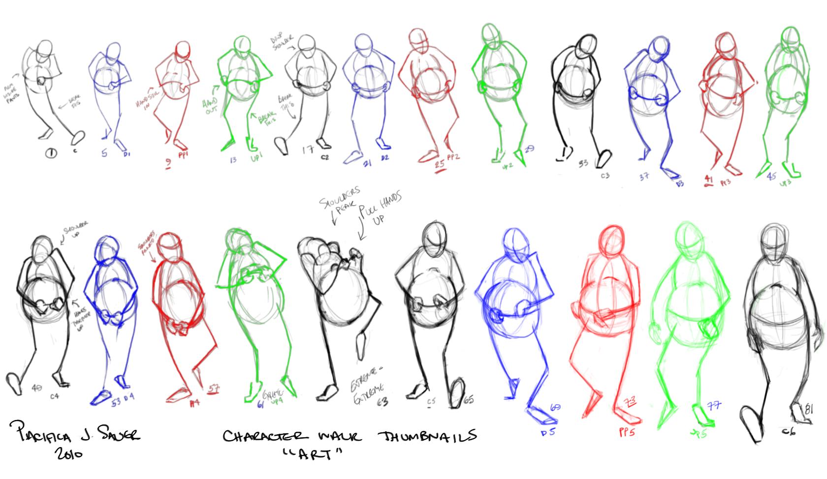 Animation planning fat man walking forward pulling up his pants.