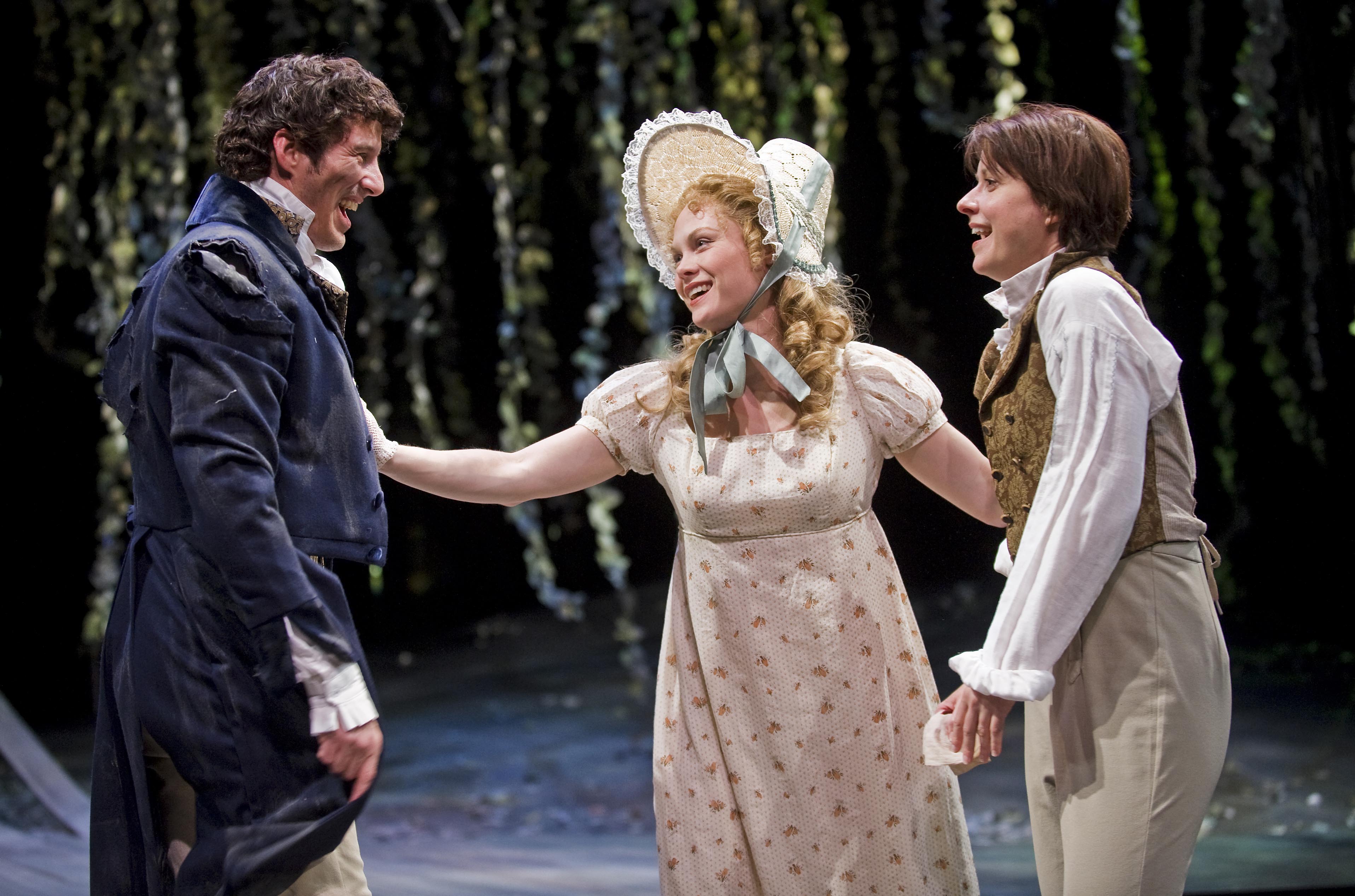Jeff Parker (L) as Oliver in As You Like It at Chicago Shakespeare Theater, January 2011. Pictured with (l-r) Chaon Cross (Celia) and Kate Fry (Rosalind).