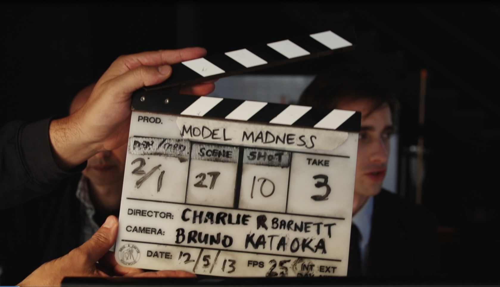 Charlie R Barnett just about to slate Scene 27. With Matt Oxley and Michael Magafas on the model madness set.