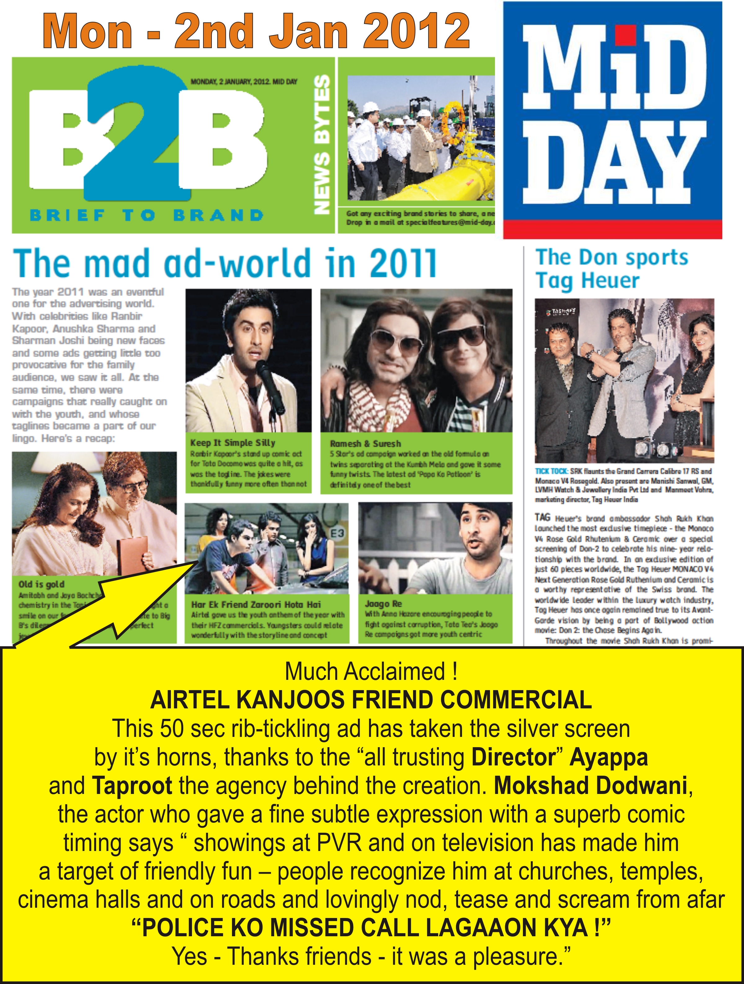 MIDDAY ACCLAIMS AIRTEL KANJOOS FRIEND COMMERCIAL AS ONE OF THE LEADING COMMERCIALS OF 2011