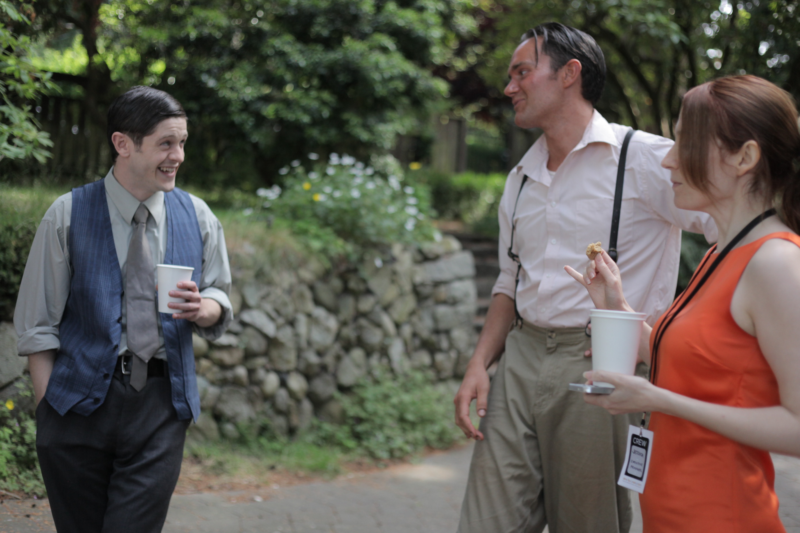 On set of Charlotte's Song, left to right: Iwan Rheon, Brendan Taylor, Jessica Leigh Clark-Bojin