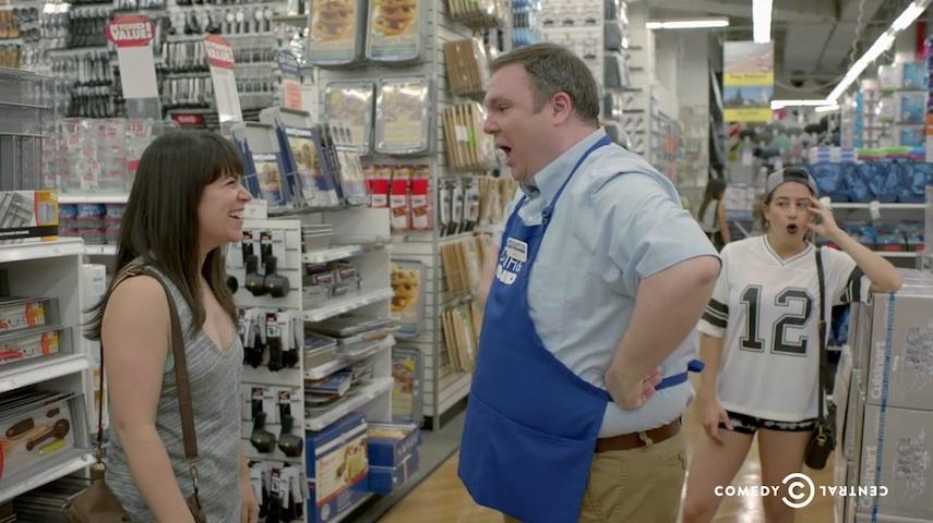 Abbi Jacobson, Justin Barnette and Ilana Glazer in the S2 premiere of Broad City on Comedy Central (2015).