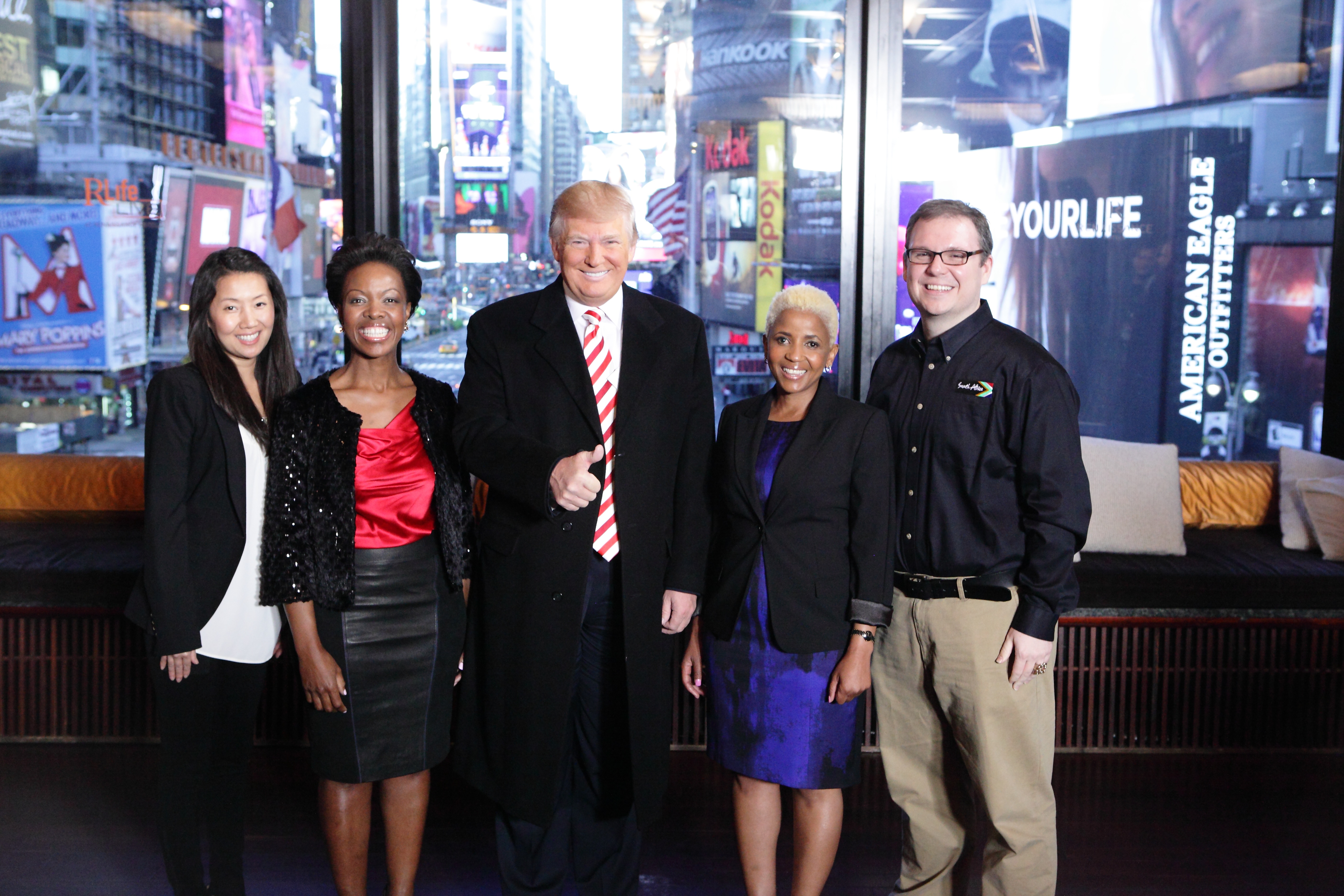 L to R: Min Tak, Sthu Zungu, Donald Trump, Evelyn Mahlaba and Justin Barnette during filming of The All-Star Celebrity Apprentice S13 E8.