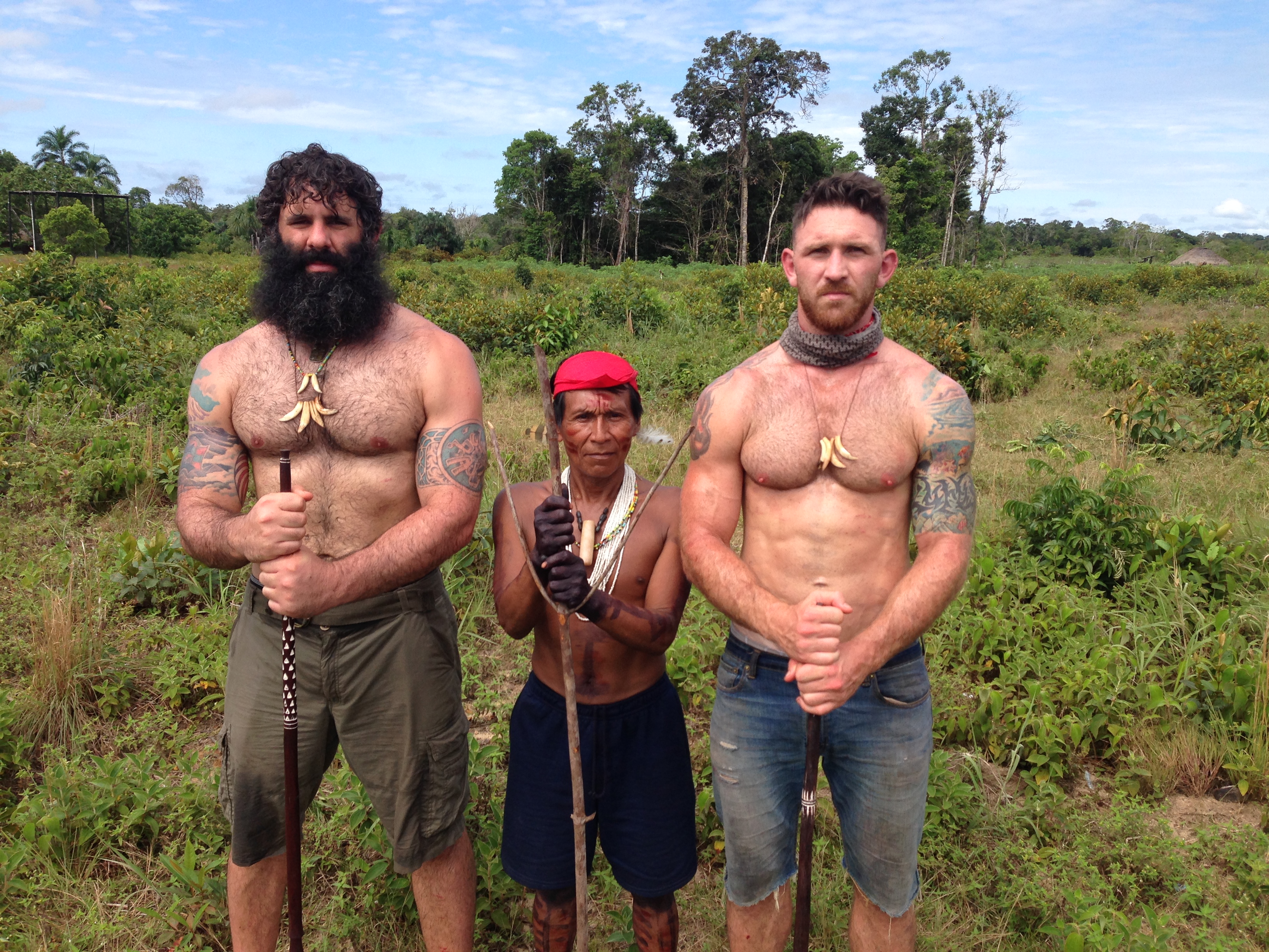 Devan Long and his brother Rien with the lead hunter of the Tatooya tribe while filming Going Native in the Amazon.