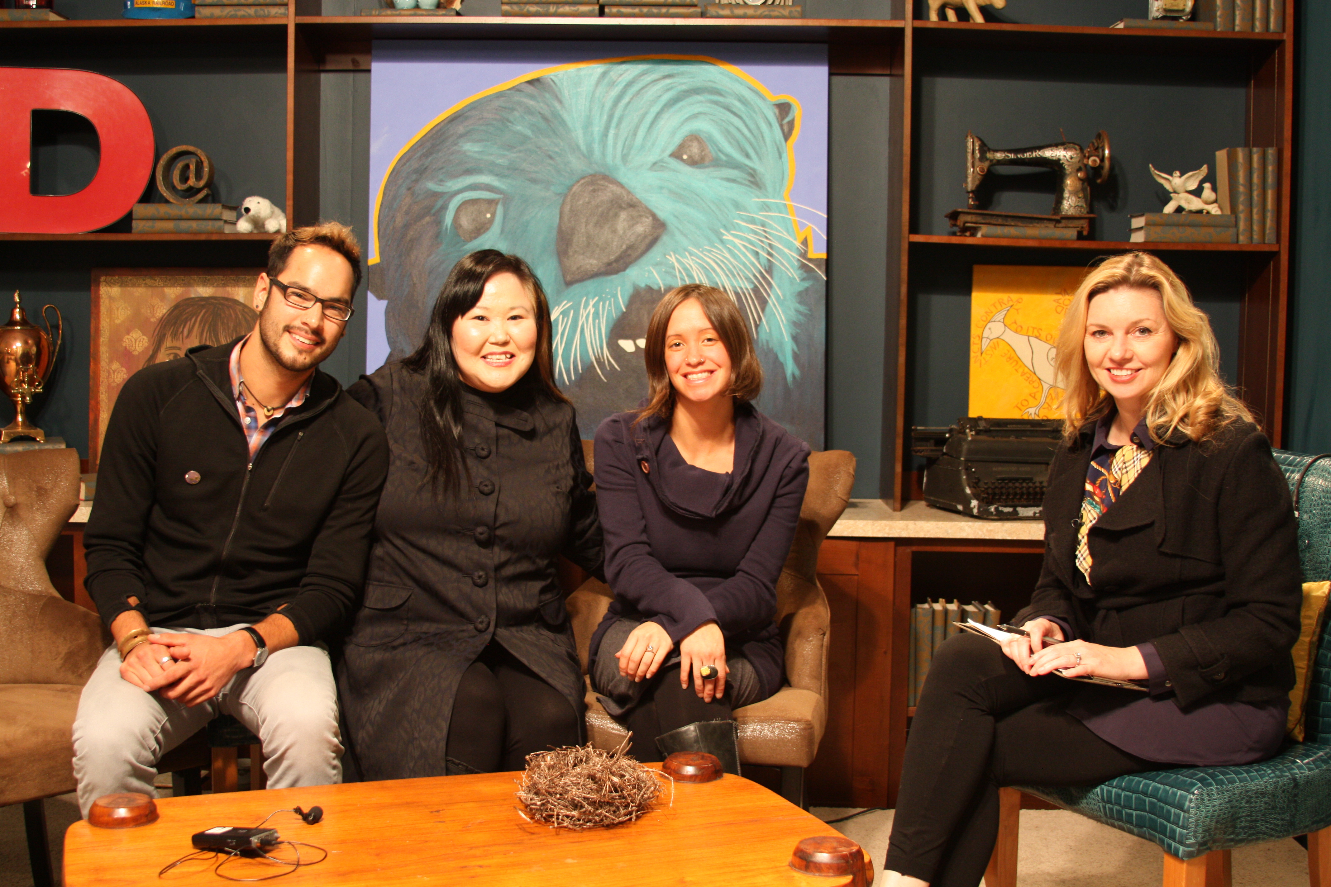 On set of Alaska Daily with three Alaska Native artists.
