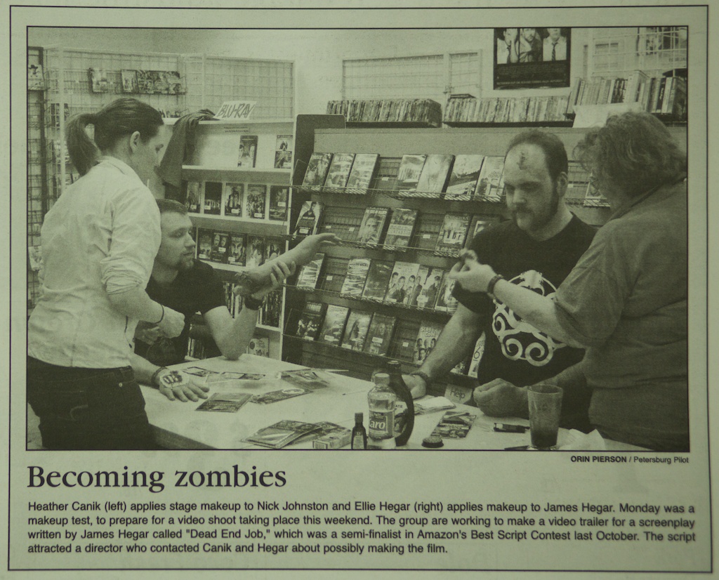 Newspaper photo of pre-production for Dead End Job: Pitch Film