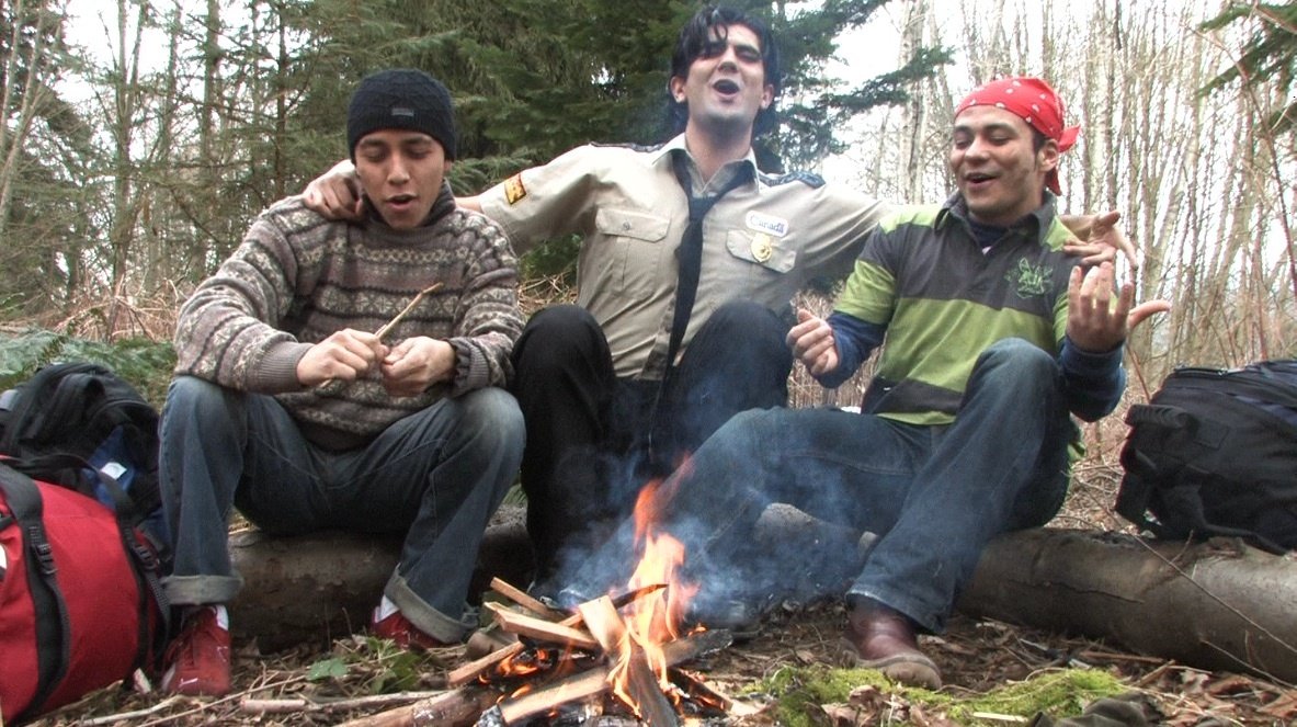 Production still of Gary Gill, Angel Hernandez and Aldo Vasquez in Coyote Mountain