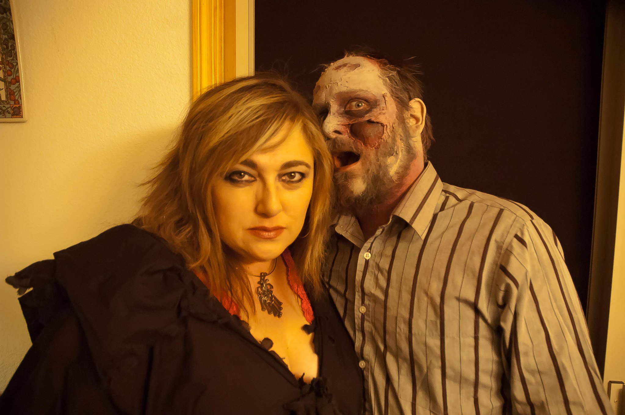 Sandra Doolittle with actor Tim Vester, behind the scenes on the set of 'Lurk; A horror anthology'. This was Sandra's first principal talent role in a feature length film- 2010.