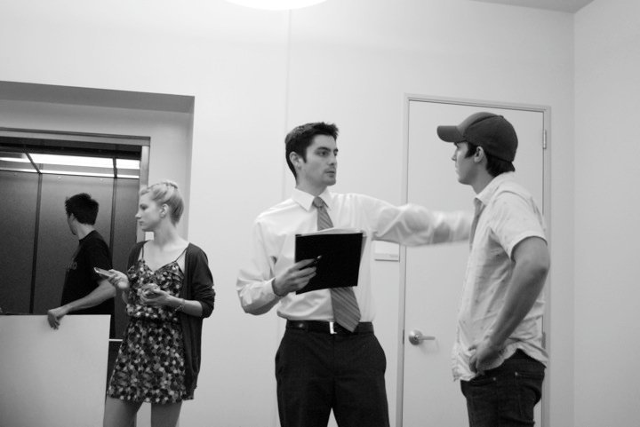 Brothers/Producers consulting behind the scenes at Paramount Studios on the set of The Elevator.