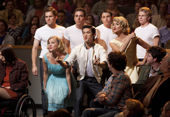 Still of Harry Shum Jr., Dianna Agron and Heather Morris in Glee (2009)