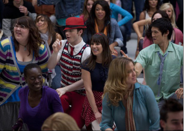 Still of Harry Shum Jr., Ashley Fink and Chris Colfer in Glee (2009)