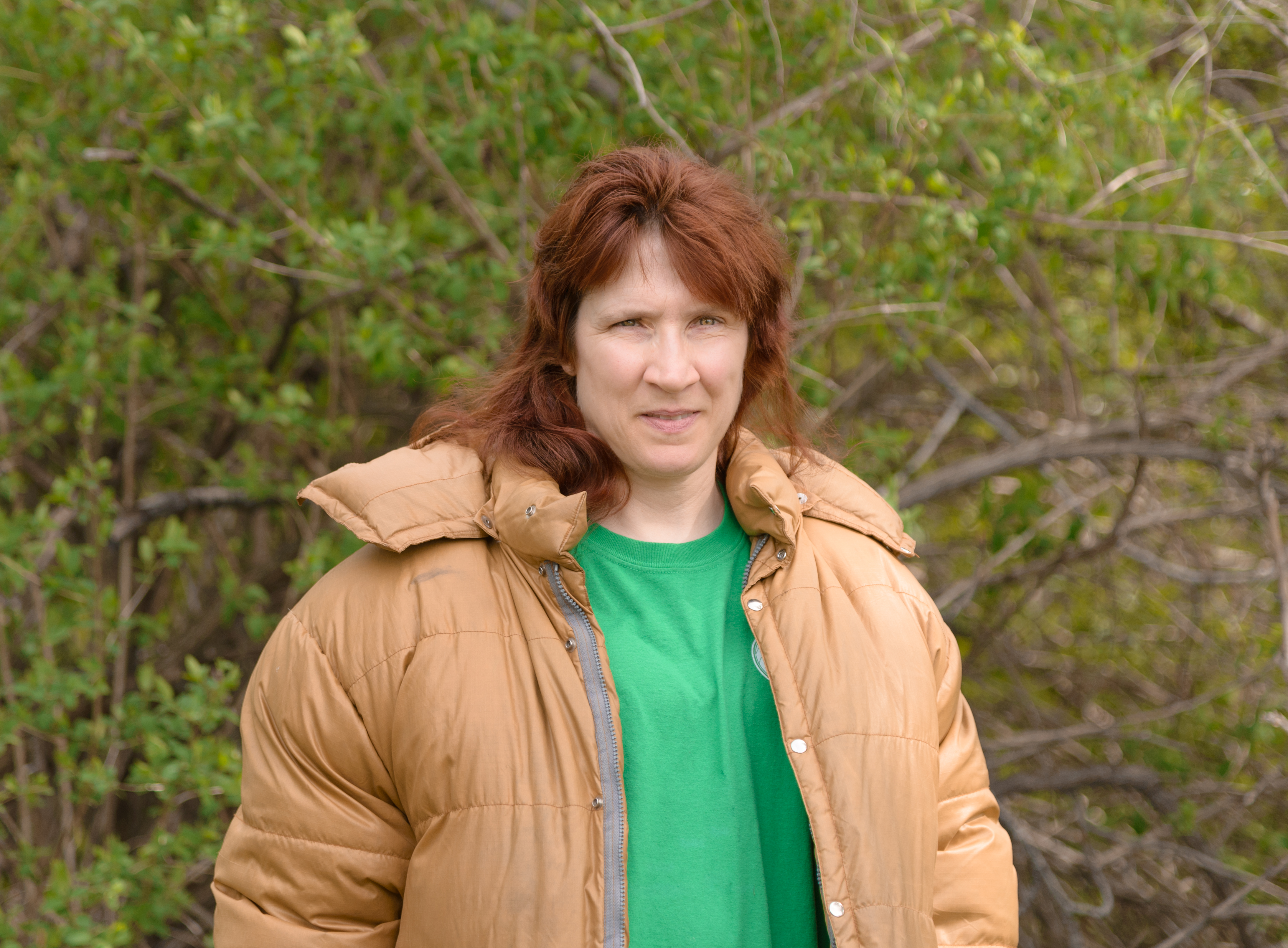 Lindalou Lagod in her Alaskan Rubber puffy coat out doors.