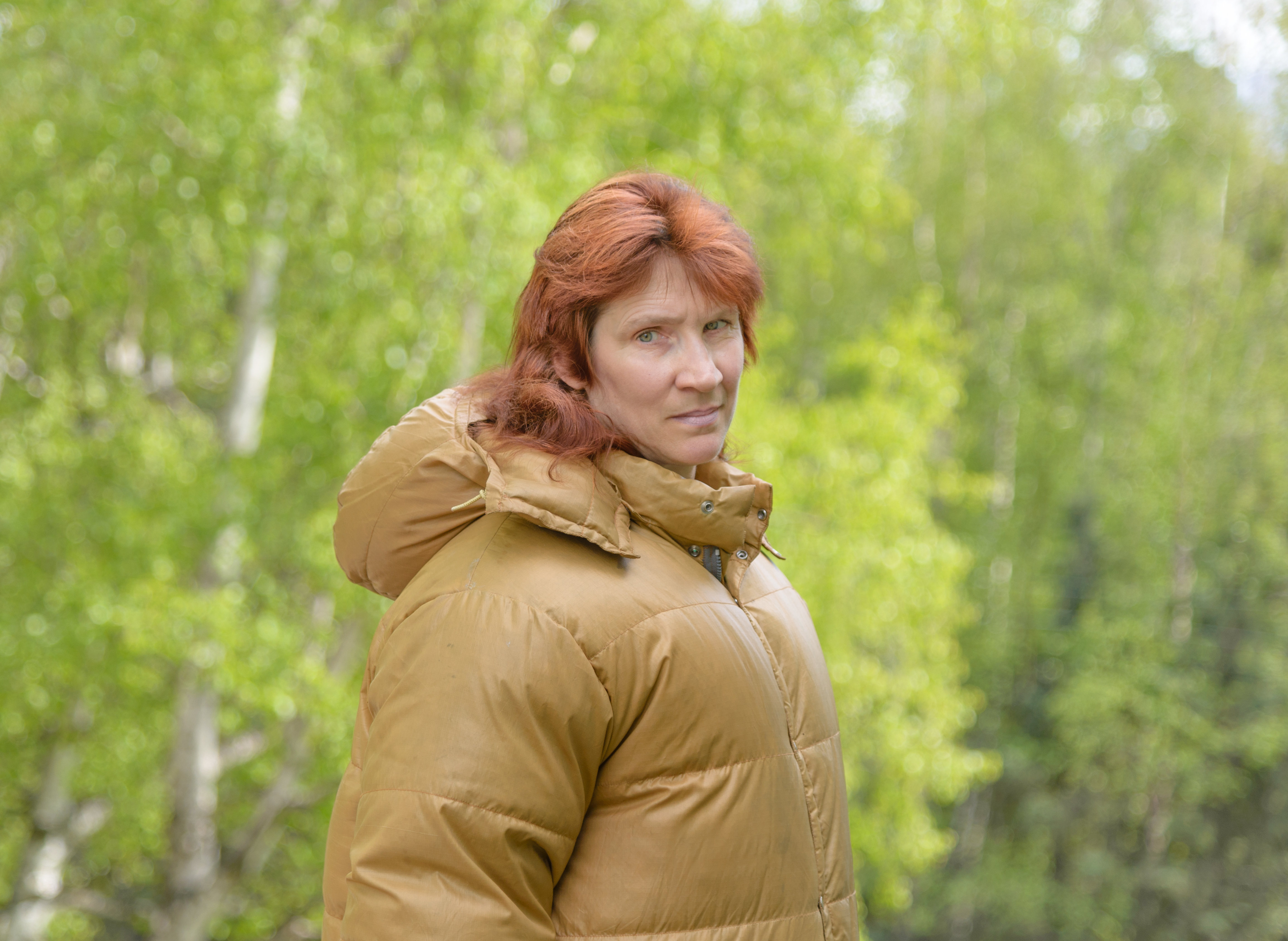 Lindalou Lagod wearing her Alaskan rubber puffy coat.