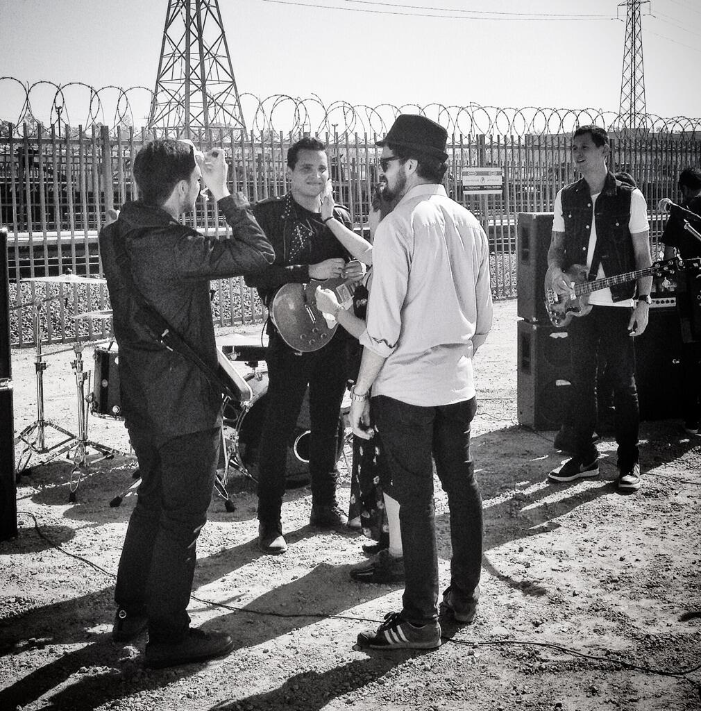 Carlos Leon Gomez, Diego Pulecio, Alberto Marenco and Jaime Valderrama behind the scenes during a Don Tetto music video in 2014