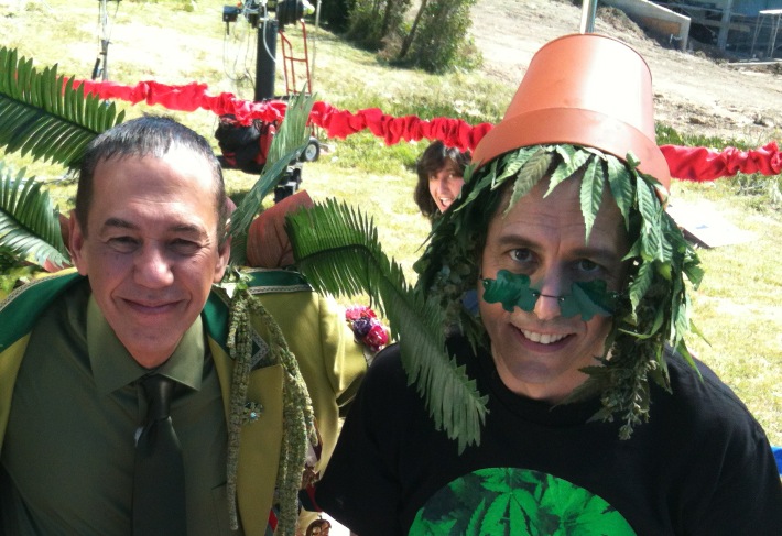 Gilbert Gottfried and Peter Tedeschi as adversarial plant-like aliens, between takes, on the set of Unbelievable, due to be released in July 2015.