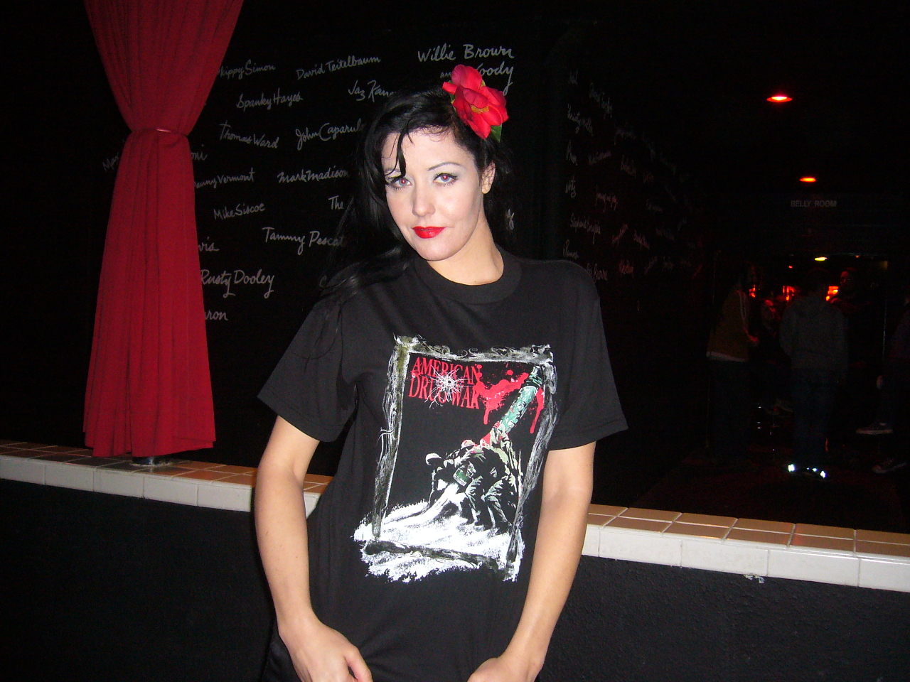 Mary Jane at the Comedy Store on the Sunset strip - wearing ADW shirt.