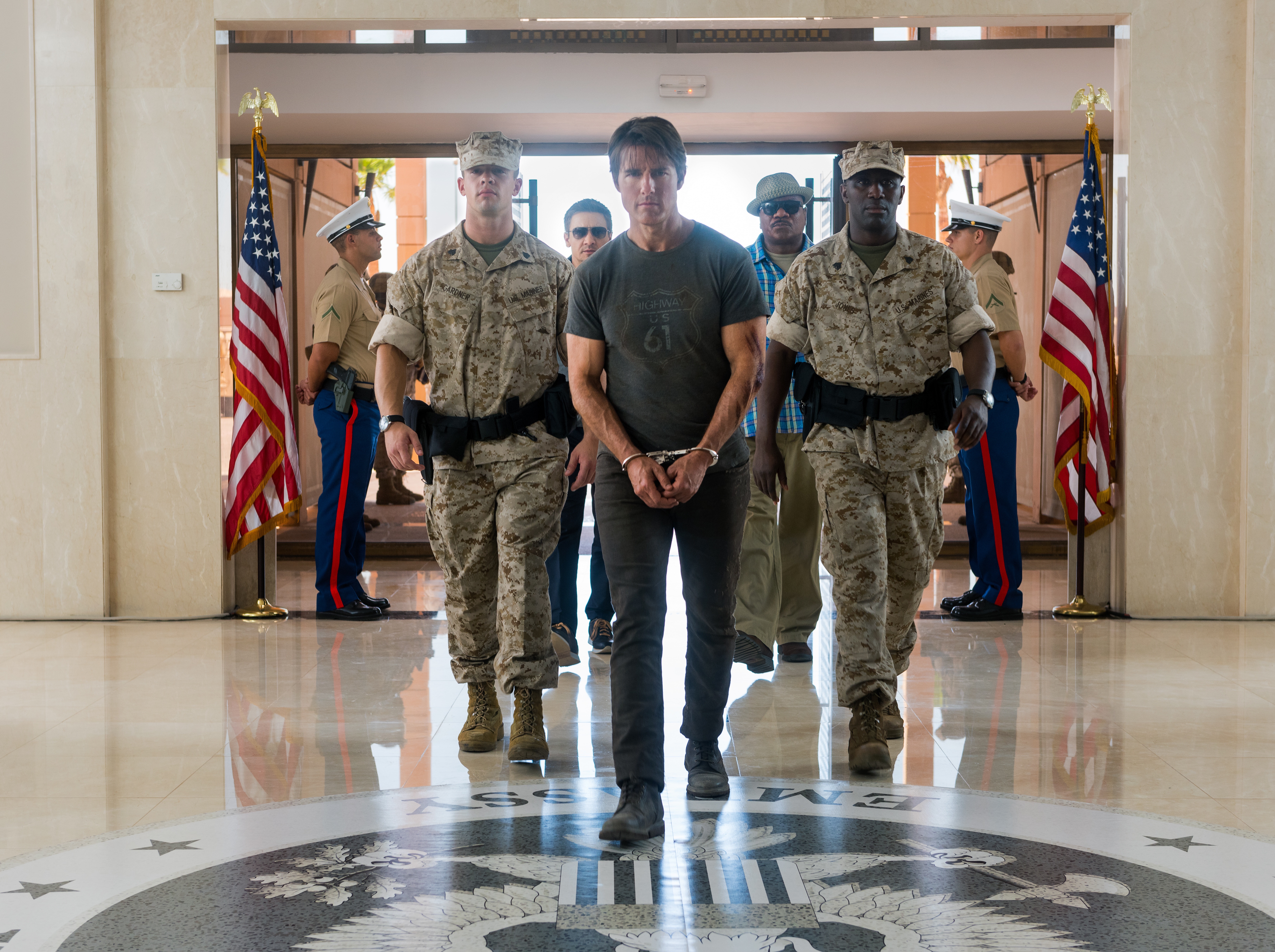 Tom Cruise, Ving Rhames, Jeremy Renner, Vauxhall Jermaine in a scene from Mission: Impossible Rogue Nation