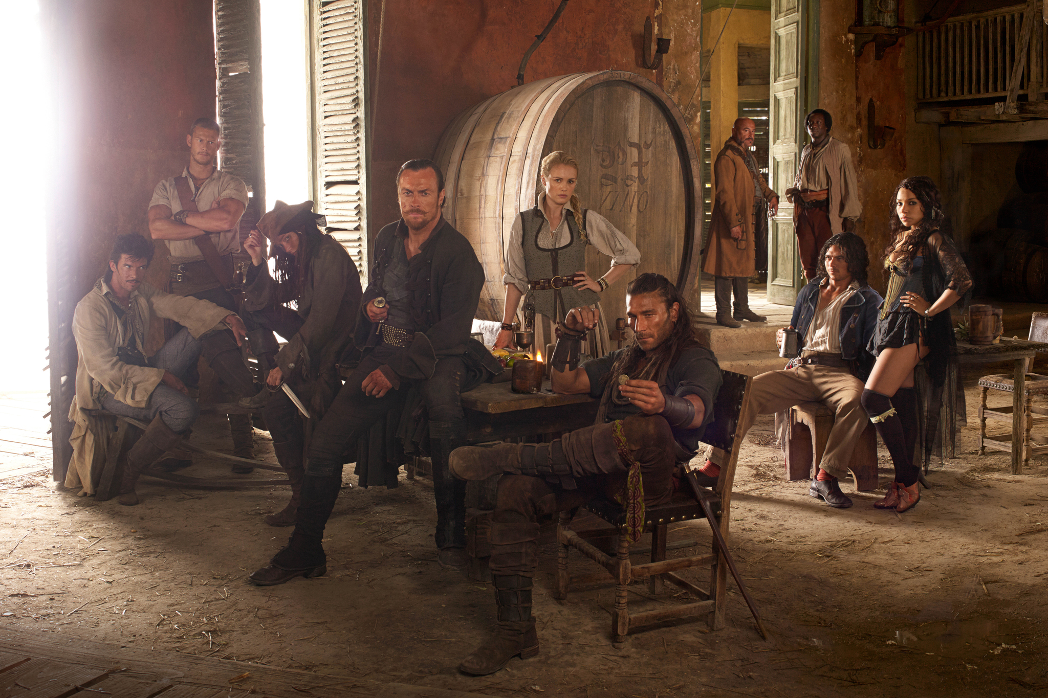 Still of Hakeem Kae-Kazim, Mark Ryan, Toby Stephens, Toby Schmitz, Zach McGowan, Luke Arnold, Jessica Parker Kennedy, Tom Hopper, Clara Paget and Hannah New in Black Sails (2014)