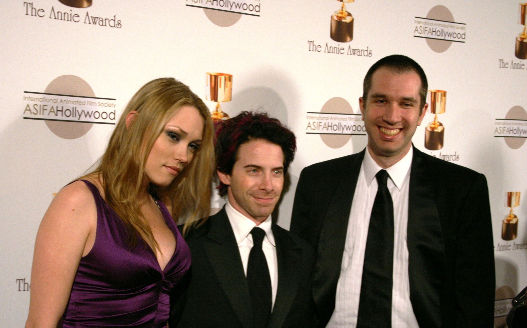 Robot Chicken creators Seth Green and Matt Senreich, with Clare Grant