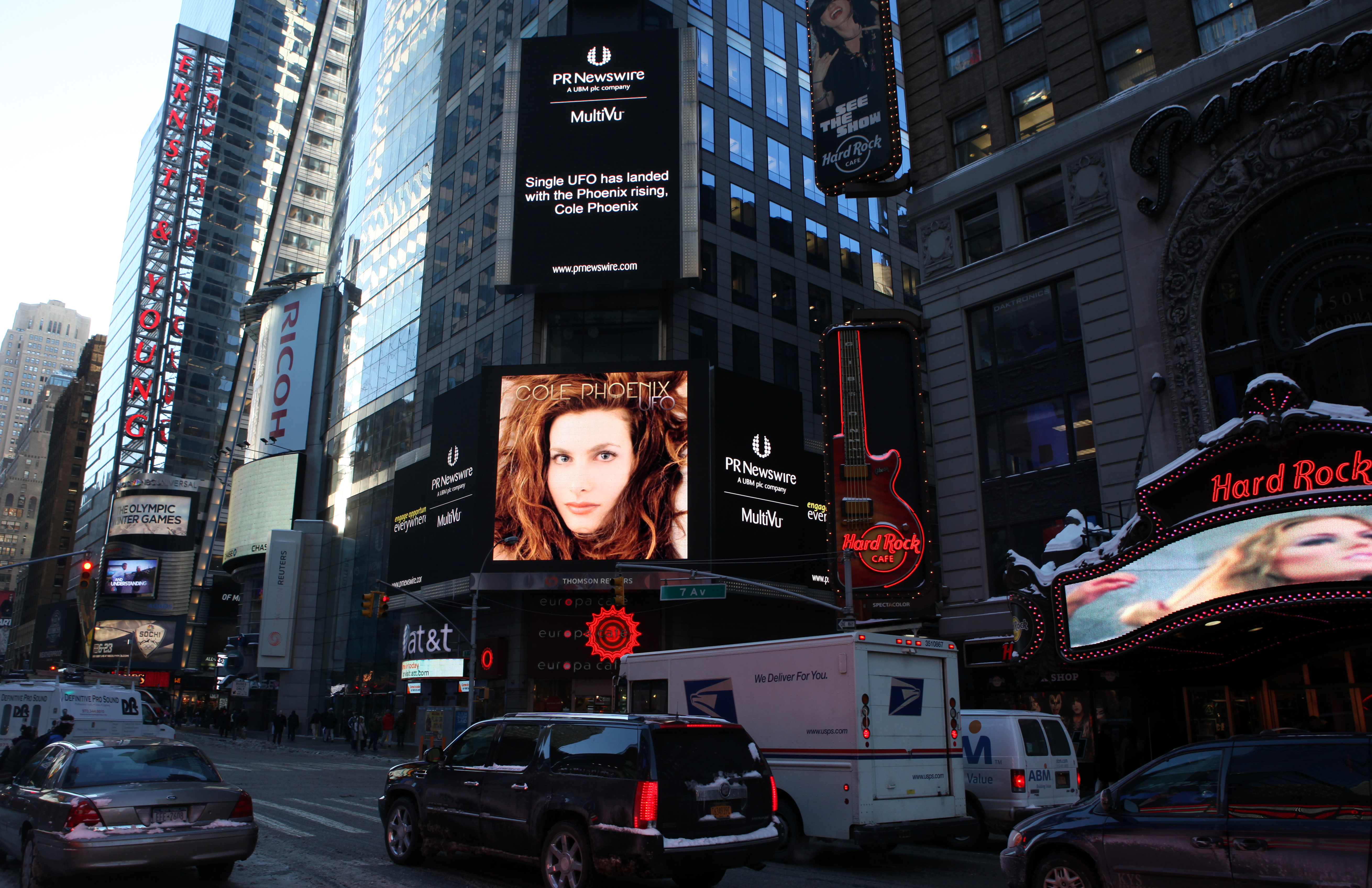 Cole Phoenix's pop single 'UFO' single cover up on billboard in New York Tines Square