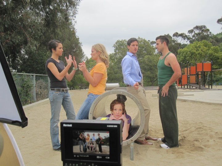 on the set of Velcro Love Triangle with Caroline Fogarty, Amy Hedrick, Mike C. Manning, and Aaron Misakian, 2011