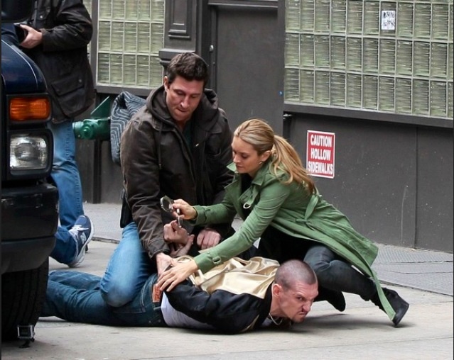 Action shot from a scene in NBC's IRONSIDE with Pablo Schreiber, Spencer Grammer and Patrick Brana