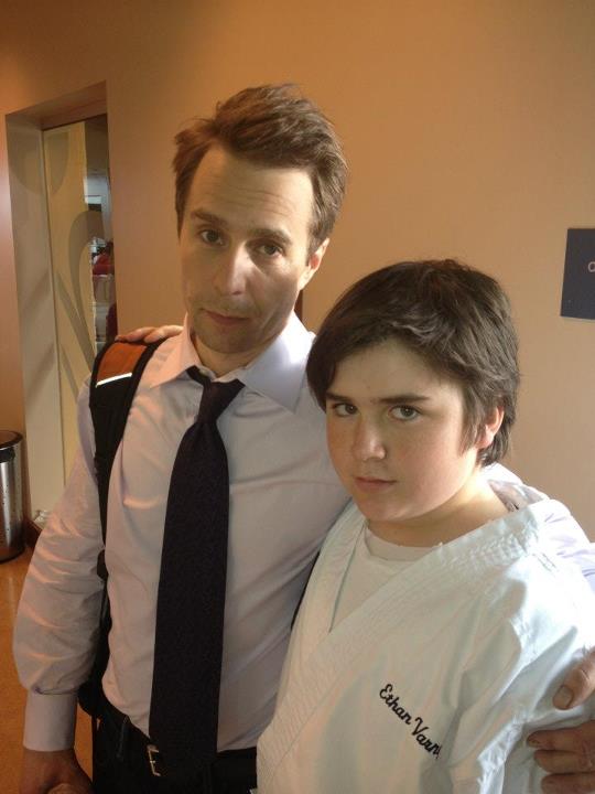 Still of Harrison Holzer and Sam Rockwell on the set of their Feature Film, 