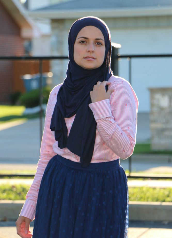 Mariam Sobh, without makeup, modeling skirt from Haute Hijab.