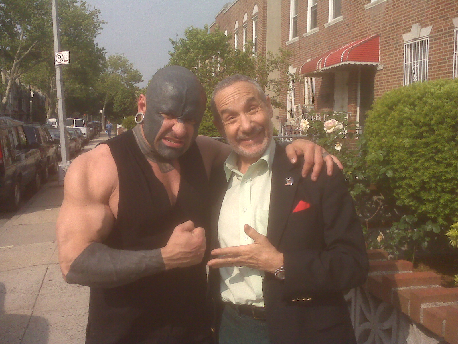 with Troma's Lloyd Kaufman preparing for his cameo in Mr. Bricks