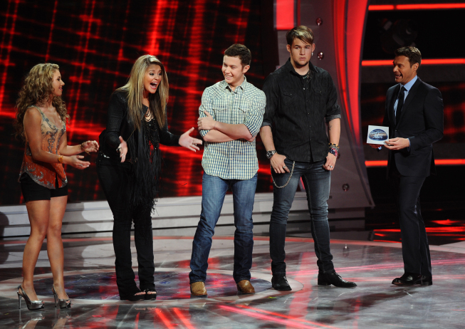 Still of Ryan Seacrest, Haley Reinhart, Lauren Alaina, James Durbin and Scotty McCreery in American Idol: The Search for a Superstar (2002)