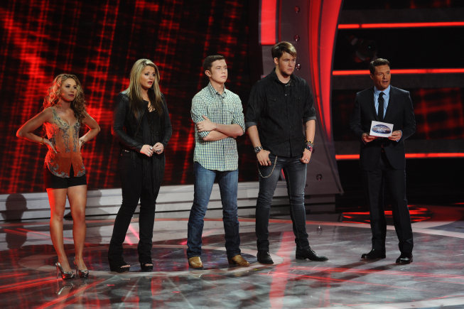 Still of Ryan Seacrest, Haley Reinhart, Lauren Alaina, James Durbin and Scotty McCreery in American Idol: The Search for a Superstar (2002)
