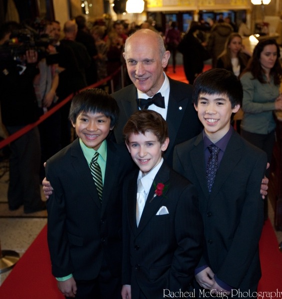 Myles Erlick on the red carpet with David Mirvish, JP Viernes and Marcus Pei - Billy Elliot The Musical opening night Toronto.